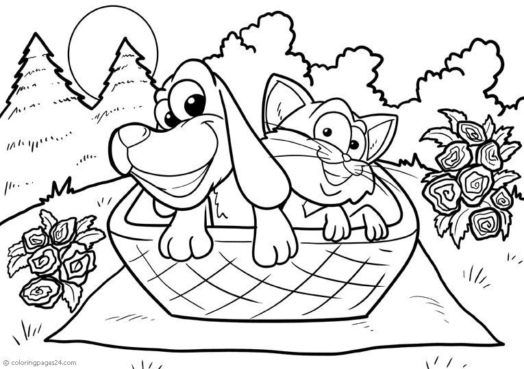 Smiling dog and cat in a basket | Coloring Pages 24